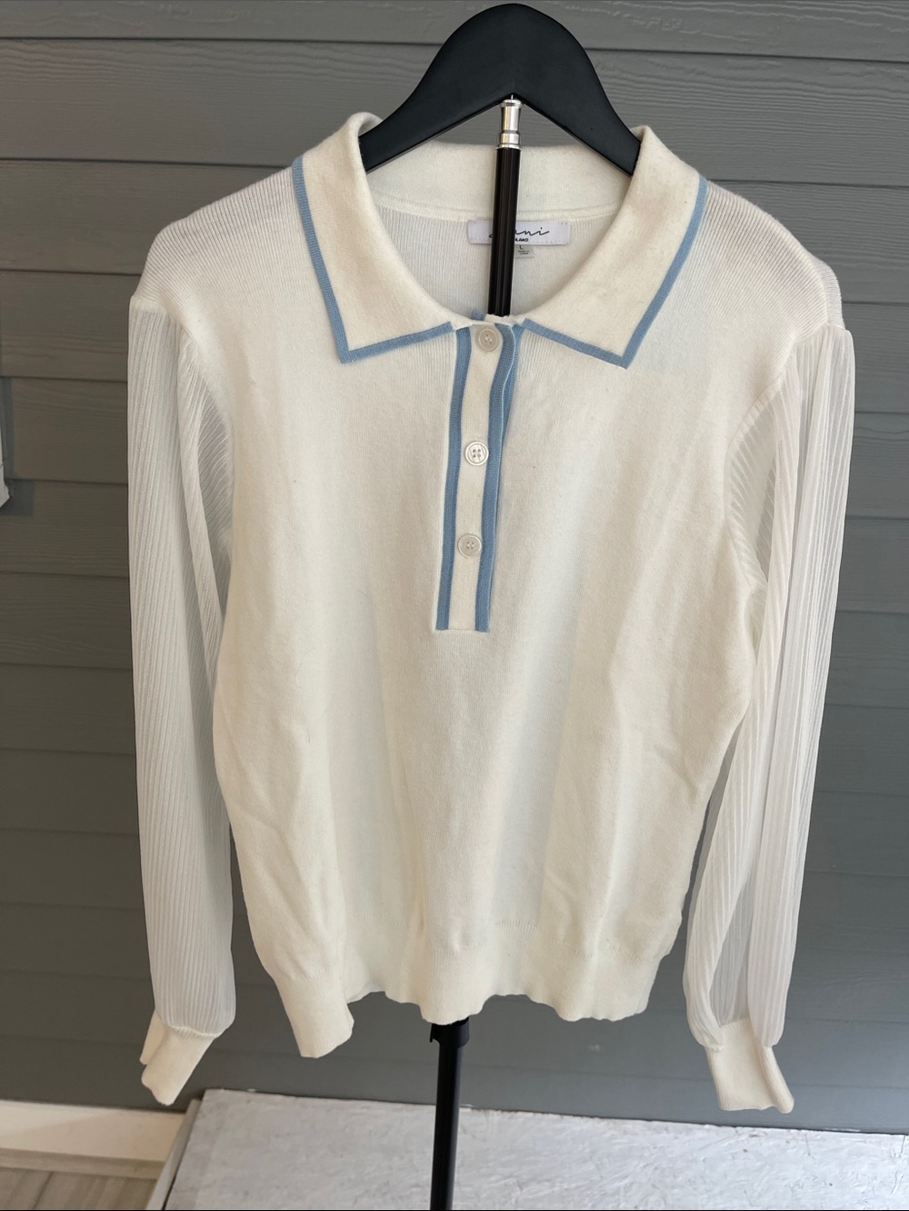Sioni White Long-Sleeve Polo Sweater with Light Blue Trim Size Large